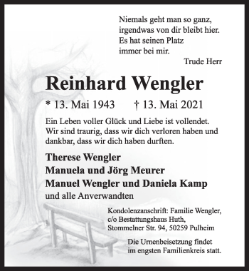 Anzeige von Reinhard Wengler von  Wochenende 