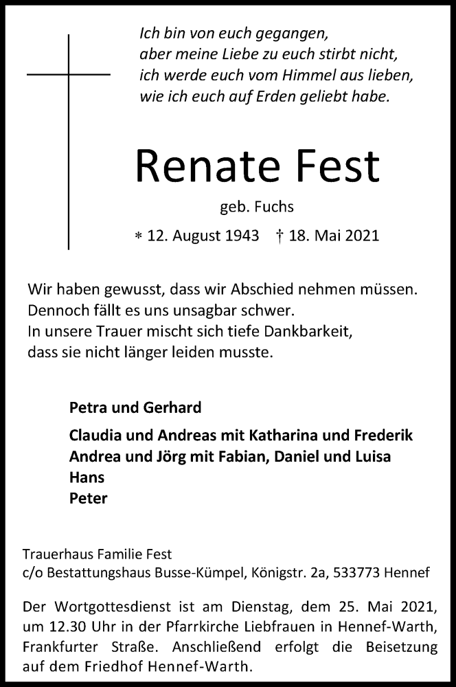  Traueranzeige für Renate Fest vom 21.05.2021 aus Kölner Stadt-Anzeiger / Kölnische Rundschau / Express