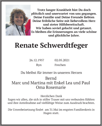 Anzeige von Renate Schwerdtfeger von Kölner Stadt-Anzeiger / Kölnische Rundschau / Express