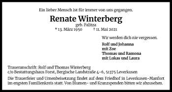 Anzeige von Renate Winterberg von Kölner Stadt-Anzeiger / Kölnische Rundschau / Express