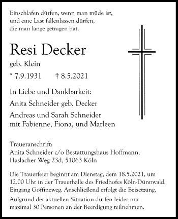 Anzeige von Resi Decker von Kölner Stadt-Anzeiger / Kölnische Rundschau / Express