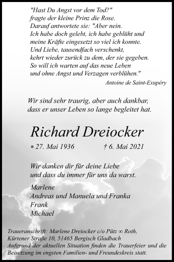 Anzeige von Richard Dreiocker von Kölner Stadt-Anzeiger / Kölnische Rundschau / Express