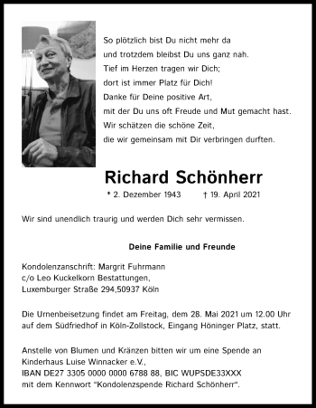Anzeige von Richard Schönherr von Kölner Stadt-Anzeiger / Kölnische Rundschau / Express