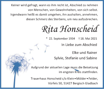 Anzeige von Rita Honscheid von Kölner Stadt-Anzeiger / Kölnische Rundschau / Express