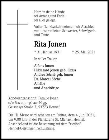 Anzeige von Rita Jonen von Kölner Stadt-Anzeiger / Kölnische Rundschau / Express