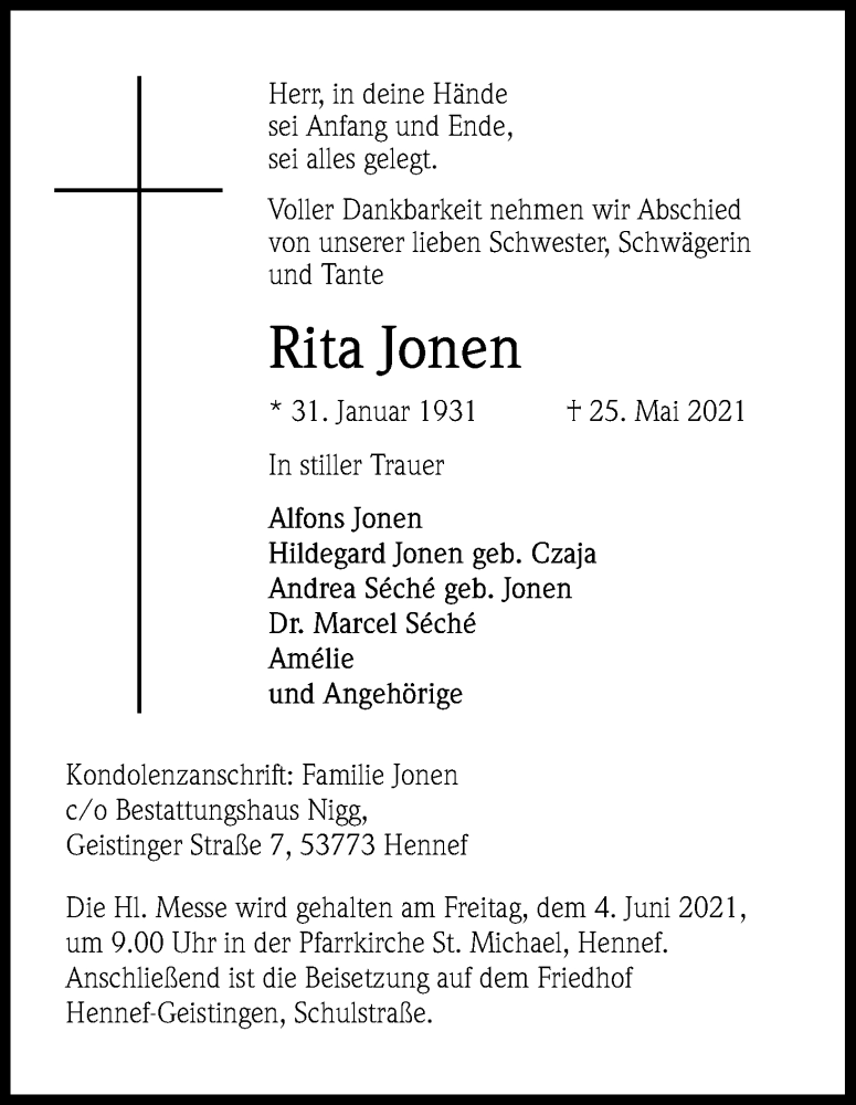  Traueranzeige für Rita Jonen vom 29.05.2021 aus Kölner Stadt-Anzeiger / Kölnische Rundschau / Express