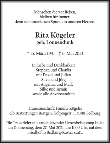 Anzeige von Rita Kögeler von  Werbepost 
