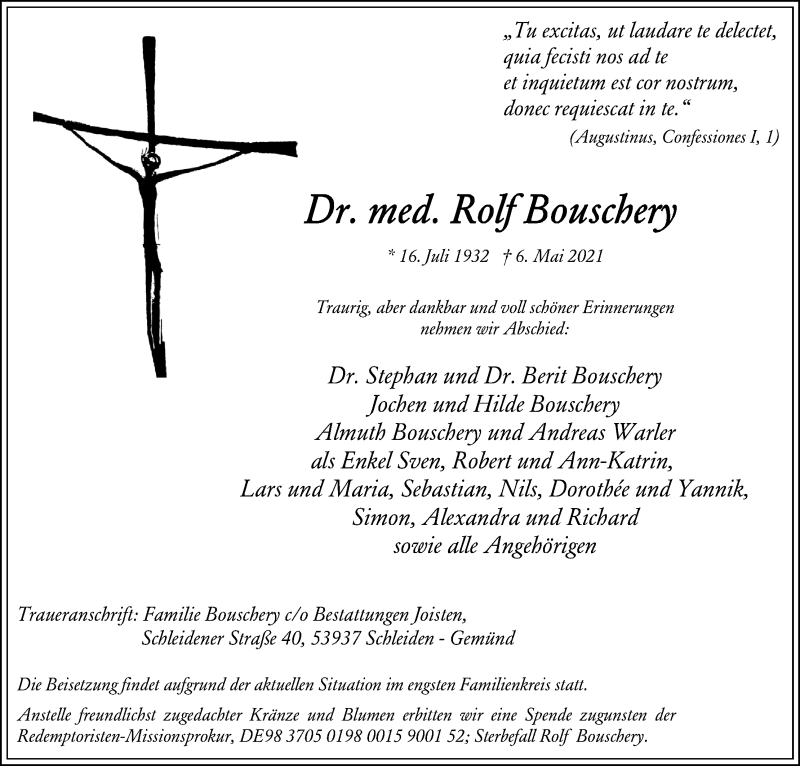  Traueranzeige für Rolf Bouschery vom 12.05.2021 aus Kölner Stadt-Anzeiger / Kölnische Rundschau / Express