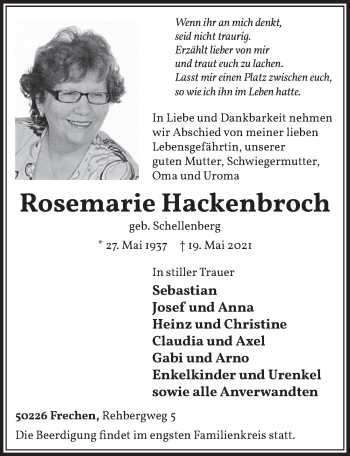 Anzeige von Rosemarie Hackenbroch von  Wochenende 