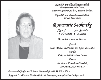 Anzeige von Rosemarie Mohneke von  Wochenende 