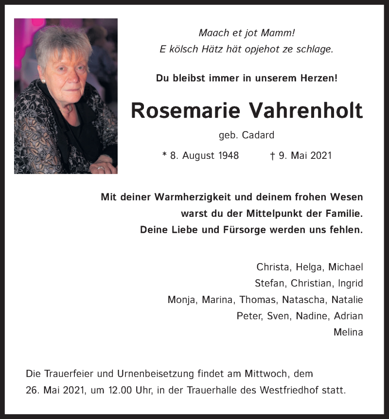  Traueranzeige für Rosemarie Vahrenholt vom 15.05.2021 aus Kölner Stadt-Anzeiger / Kölnische Rundschau / Express