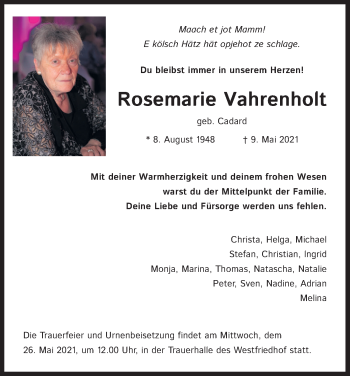 Anzeige von Rosemarie Vahrenholt von Kölner Stadt-Anzeiger / Kölnische Rundschau / Express
