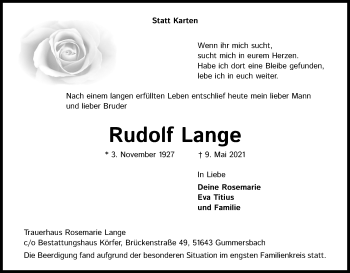 Anzeige von Rudolf Lange von Kölner Stadt-Anzeiger / Kölnische Rundschau / Express