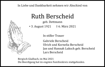 Anzeige von Ruth Berscheid von Kölner Stadt-Anzeiger / Kölnische Rundschau / Express
