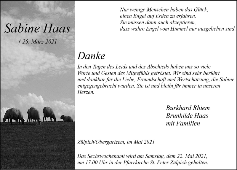  Traueranzeige für Sabine Haas vom 15.05.2021 aus  Blickpunkt Euskirchen 
