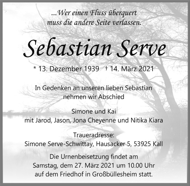  Traueranzeige für Sebastian Serve vom 20.03.2021 aus  Blickpunkt Euskirchen 