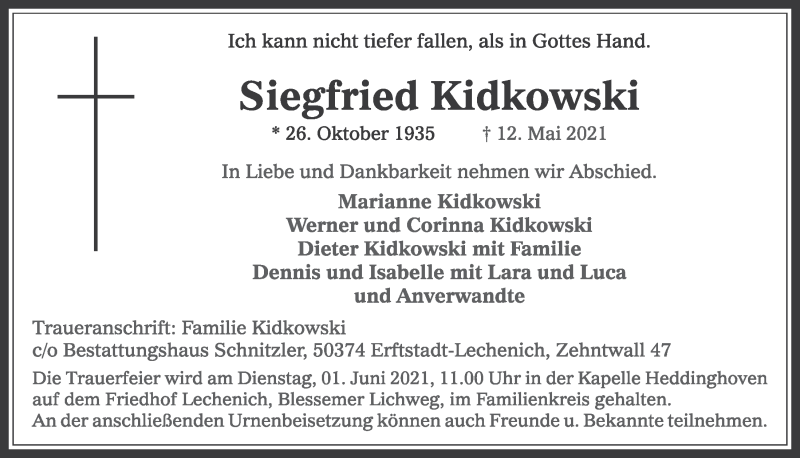  Traueranzeige für Siegfried Kidkowski vom 21.05.2021 aus  Werbepost 