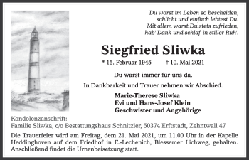 Anzeige von Siegfried Sliwka von  Werbepost 