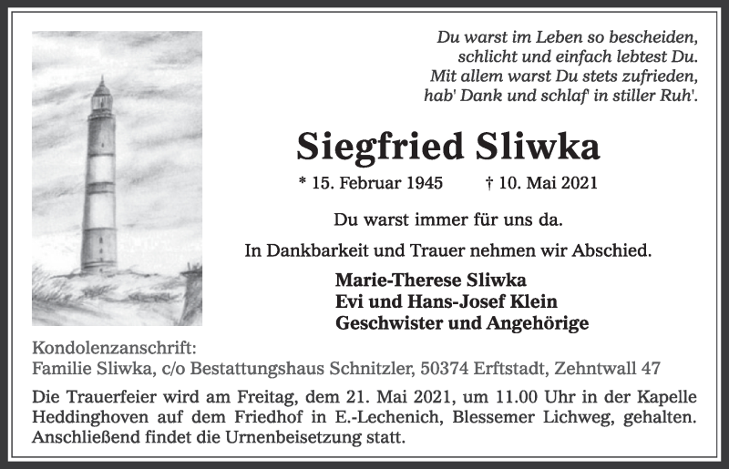  Traueranzeige für Siegfried Sliwka vom 14.05.2021 aus  Werbepost 