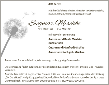 Anzeige von Siegmar Mischke von  Anzeigen Echo 
