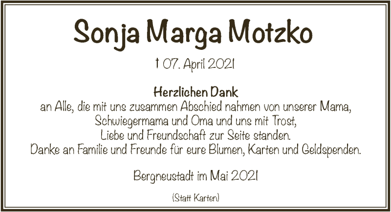  Traueranzeige für Sonja Marga Motzko vom 21.05.2021 aus  Anzeigen Echo 