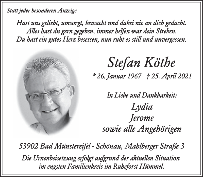  Traueranzeige für Stefan Köthe vom 21.05.2021 aus  Wochenende 