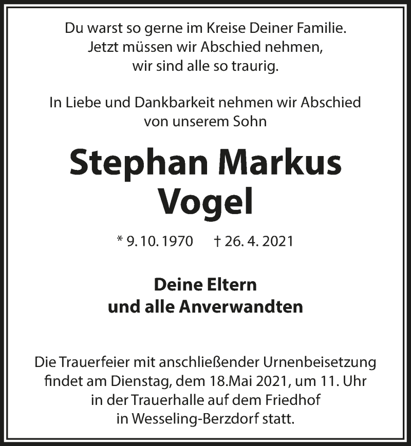  Traueranzeige für Stephan Markus Vogel vom 14.05.2021 aus  Schlossbote/Werbekurier 