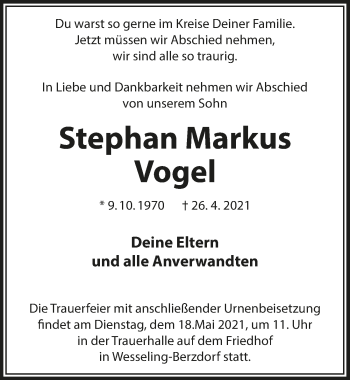 Anzeige von Stephan Markus Vogel von  Schlossbote/Werbekurier 