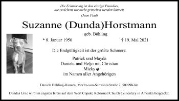Anzeige von Suzanne Horstmann von Kölner Stadt-Anzeiger / Kölnische Rundschau / Express
