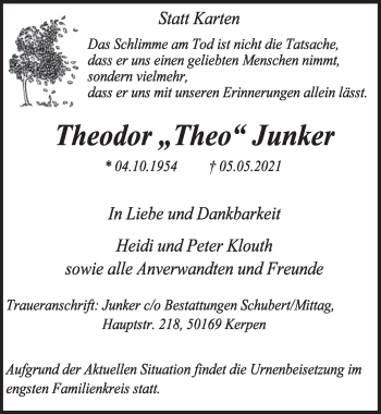 Anzeige von Theodor Junker von  Wochenende 