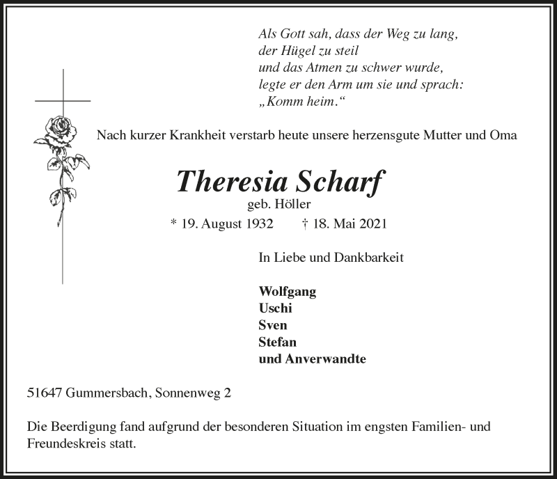  Traueranzeige für Theresia Scharf vom 28.05.2021 aus  Anzeigen Echo 
