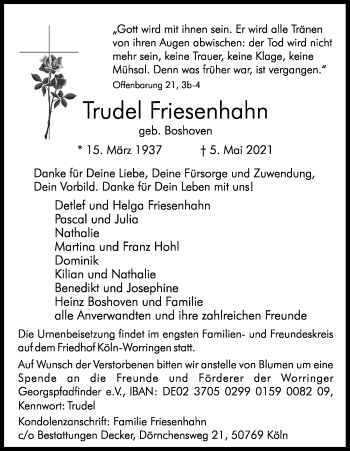 Anzeige von Trudel Friesenhahn von Kölner Stadt-Anzeiger / Kölnische Rundschau / Express