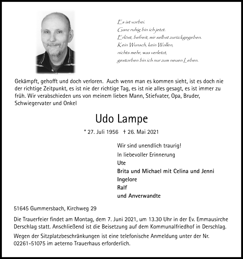 Traueranzeige für Udo Lampe vom 29.05.2021 aus Kölner Stadt-Anzeiger / Kölnische Rundschau / Express