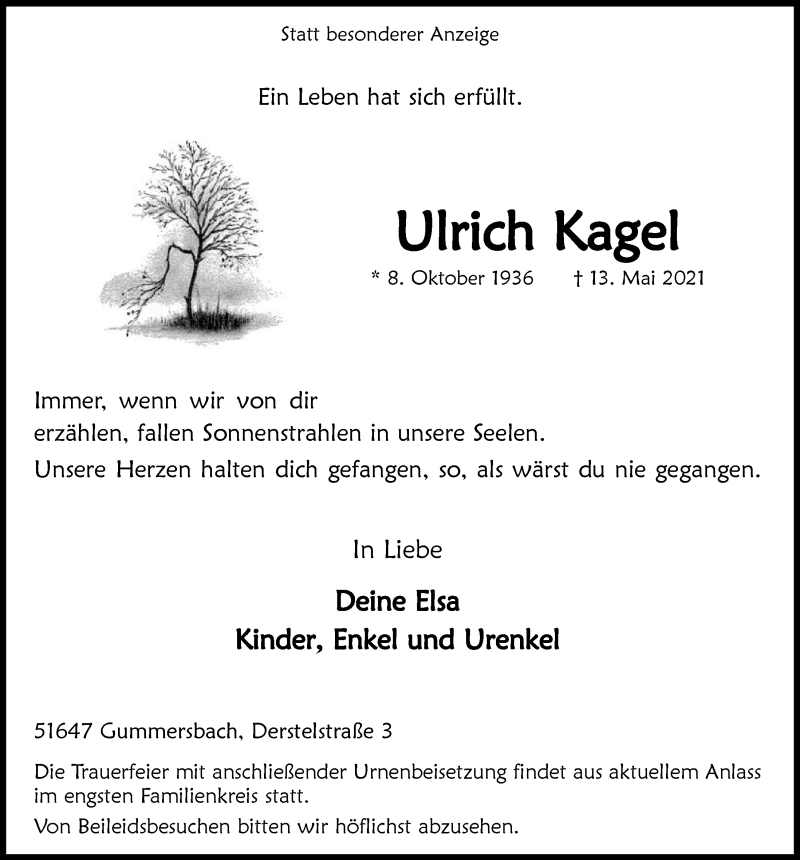  Traueranzeige für Ulrich Kagel vom 21.05.2021 aus  Anzeigen Echo 