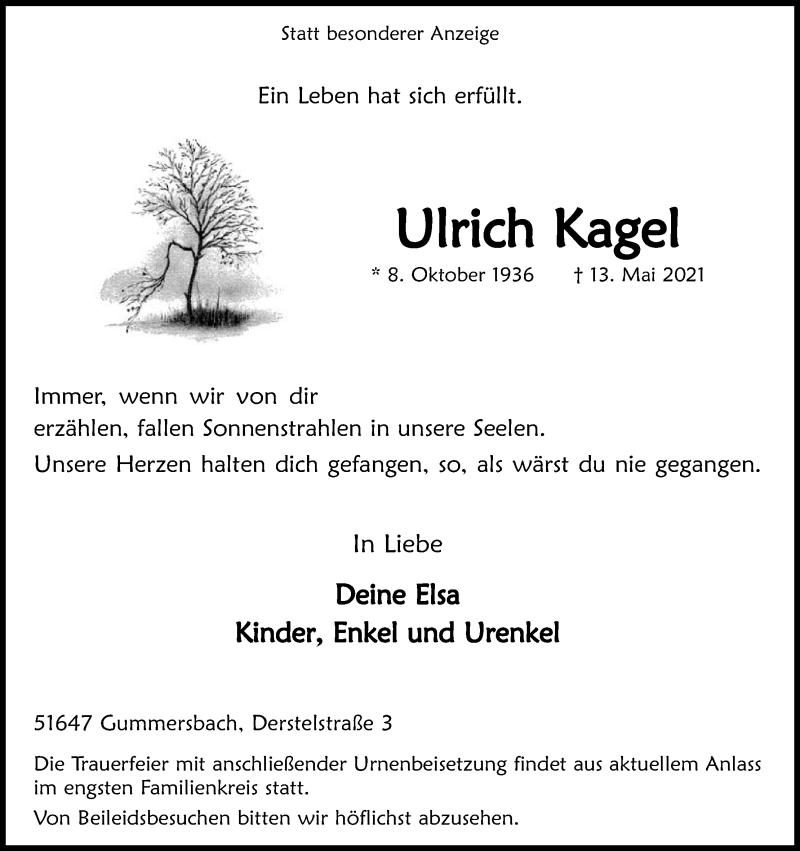  Traueranzeige für Ulrich Kagel vom 18.05.2021 aus Kölner Stadt-Anzeiger / Kölnische Rundschau / Express