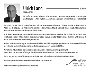 Anzeige von Ulrich Lang von Kölner Stadt-Anzeiger / Kölnische Rundschau / Express