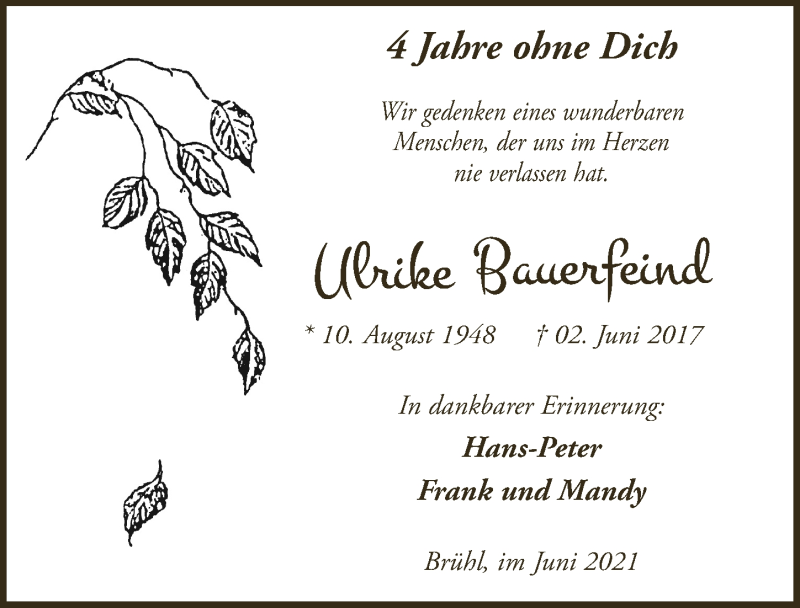  Traueranzeige für Ulrike Bauerfeind vom 28.05.2021 aus  Schlossbote/Werbekurier 