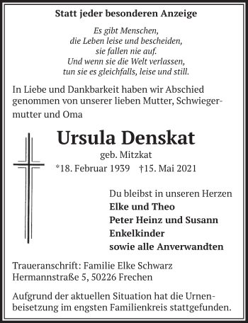 Anzeige von Ursula Denskat von  Wochenende 