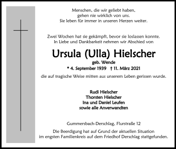 Anzeige von Ursula Hielscher von Kölner Stadt-Anzeiger / Kölnische Rundschau / Express