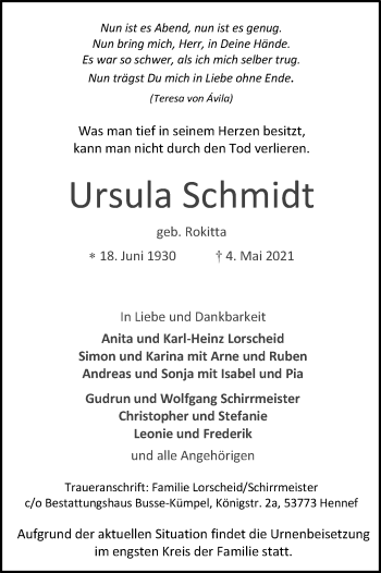 Anzeige von Ursula Schmidt von Kölner Stadt-Anzeiger / Kölnische Rundschau / Express
