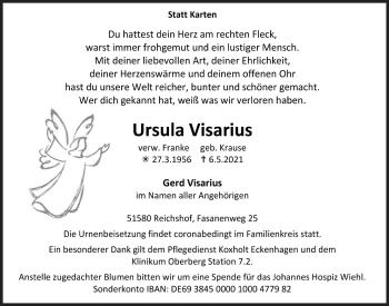 Anzeige von Ursula Visarius von  Anzeigen Echo  Lokalanzeiger 