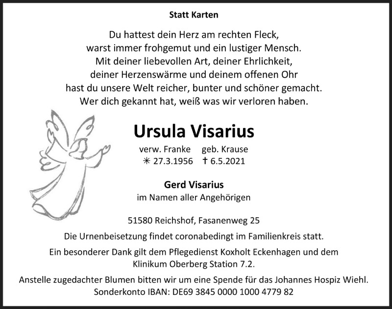  Traueranzeige für Ursula Visarius vom 21.05.2021 aus  Anzeigen Echo  Lokalanzeiger 