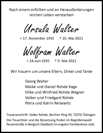Anzeige von Ursula Walter von Kölner Stadt-Anzeiger / Kölnische Rundschau / Express
