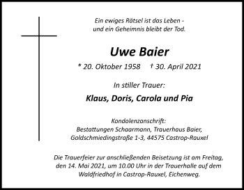 Anzeige von Uwe Baier von Kölner Stadt-Anzeiger / Kölnische Rundschau / Express