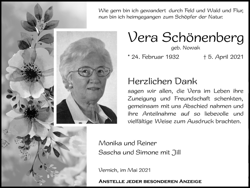  Traueranzeige für Vera SchÃ¶nenberg vom 22.05.2021 aus  Blickpunkt Euskirchen 