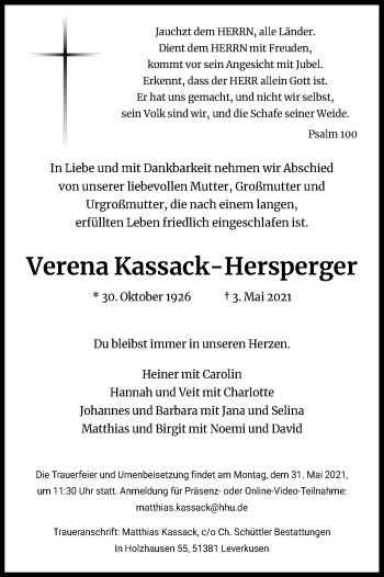 Anzeige von Verena Kassack-Hersperger von Kölner Stadt-Anzeiger / Kölnische Rundschau / Express