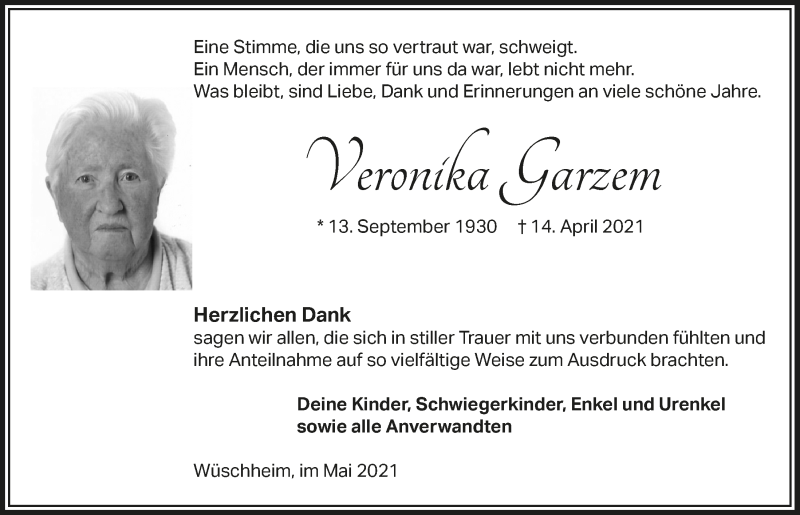  Traueranzeige für Veronika Garzem vom 22.05.2021 aus  Blickpunkt Euskirchen 