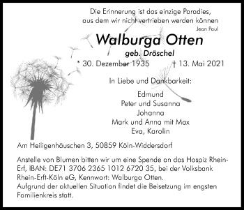 Anzeige von Walburga Otten von Kölner Stadt-Anzeiger / Kölnische Rundschau / Express