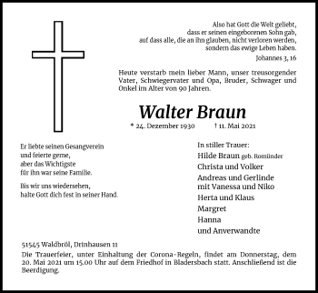 Anzeige von Walter Braun von Kölner Stadt-Anzeiger / Kölnische Rundschau / Express