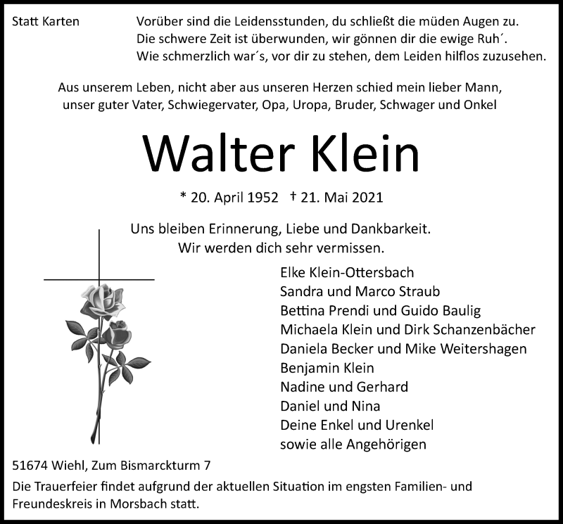  Traueranzeige für Walter Klein vom 28.05.2021 aus  Lokalanzeiger 
